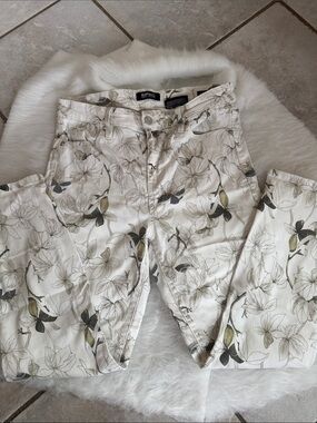 Buffalo David Bitton Cream Floral Linen-Blend Pants with Olive Accents